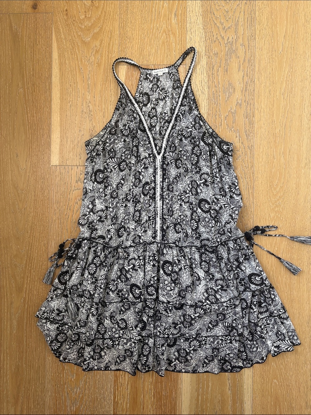 Poupette St. Barth Size Small Black & White Floral Sleeveless Tiered Mini Dress